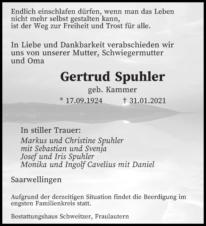 Traueranzeige für Gertrud Spuhler vom 05.02.2021 aus saarbruecker_zeitung