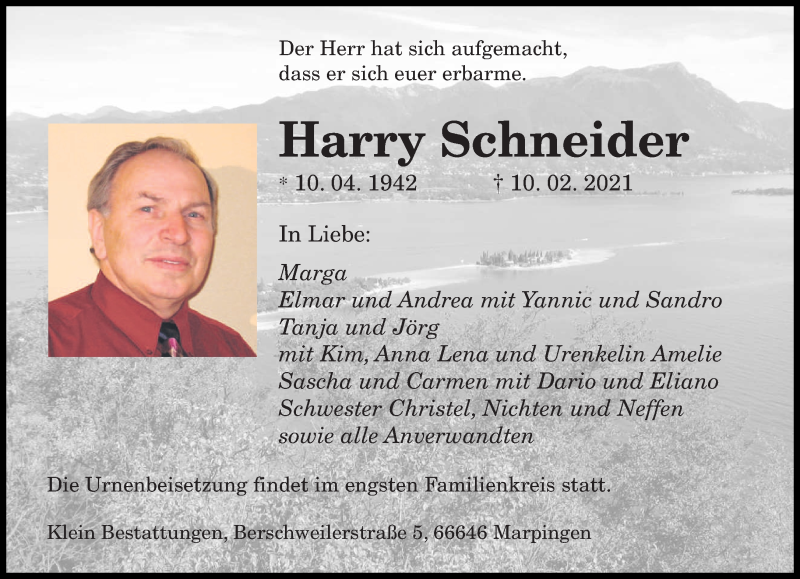  Traueranzeige für Harry Schneider vom 20.02.2021 aus saarbruecker_zeitung