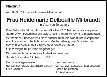 Traueranzeige von Heidemarie Delbouille Milbrandt von saarbruecker_zeitung