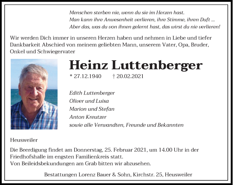  Traueranzeige für Heinz Luttenberger vom 24.02.2021 aus saarbruecker_zeitung