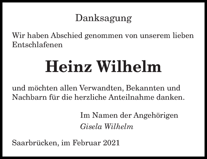  Traueranzeige für Heinz Wilhelm vom 27.02.2021 aus saarbruecker_zeitung
