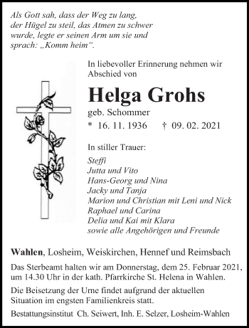 Traueranzeige von Helga Grohs von saarbruecker_zeitung