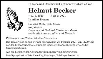 Traueranzeige von Helmut Becker von saarbruecker_zeitung