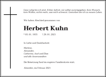 Traueranzeige von Herbert Kuhn von saarbruecker_zeitung