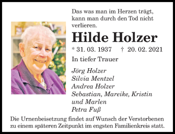 Traueranzeige von Hilde Holzer von saarbruecker_zeitung