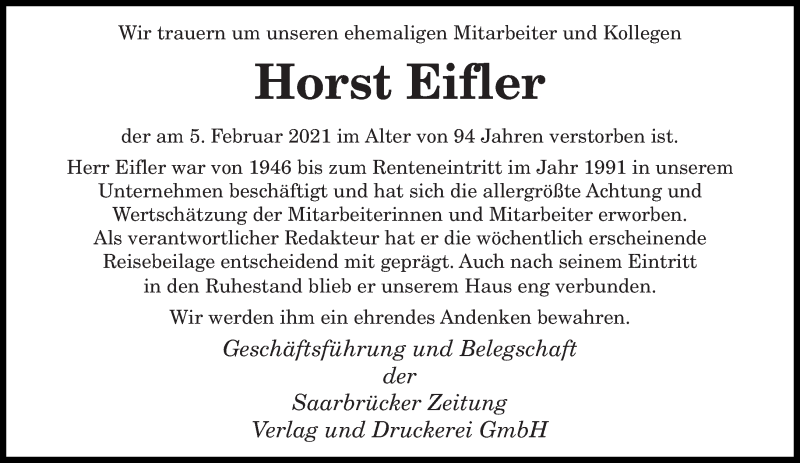  Traueranzeige für Horst Eifler vom 13.02.2021 aus saarbruecker_zeitung