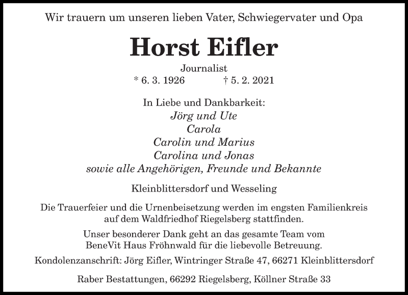  Traueranzeige für Horst Eifler vom 13.02.2021 aus saarbruecker_zeitung