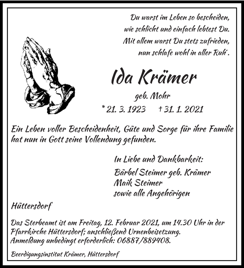  Traueranzeige für Ida Krämer vom 06.02.2021 aus saarbruecker_zeitung