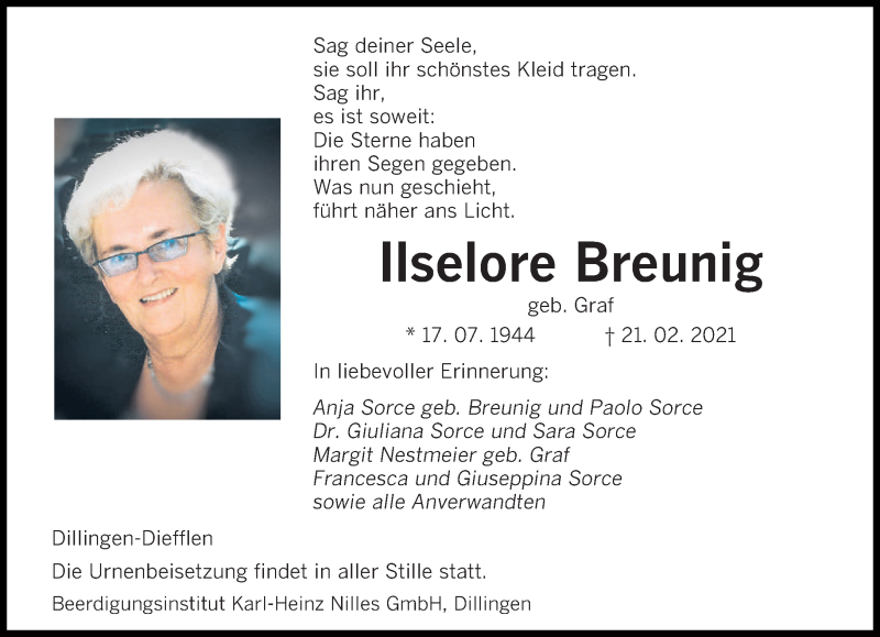  Traueranzeige für Ilselore Breunig vom 27.02.2021 aus saarbruecker_zeitung