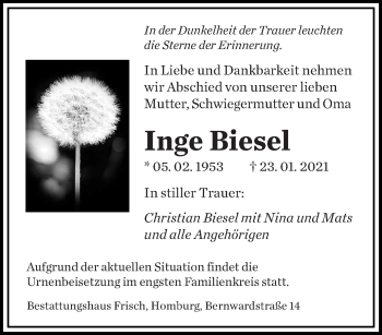 Traueranzeige von Inge Biesel von saarbruecker_zeitung