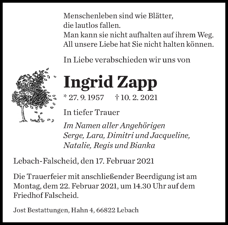  Traueranzeige für Ingrid Zapp vom 17.02.2021 aus saarbruecker_zeitung