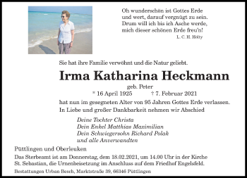 Traueranzeige von Irma Katharina Heckmann von saarbruecker_zeitung