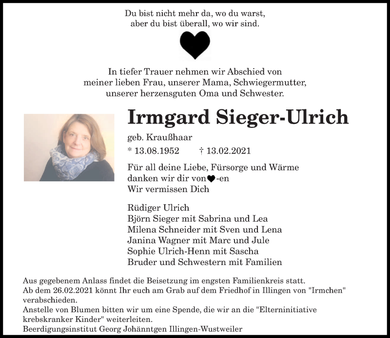  Traueranzeige für Irmgard Sieger-Ulrich vom 22.02.2021 aus saarbruecker_zeitung