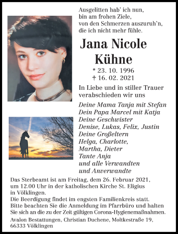 Traueranzeige von Jana Nicole Kühne von saarbruecker_zeitung