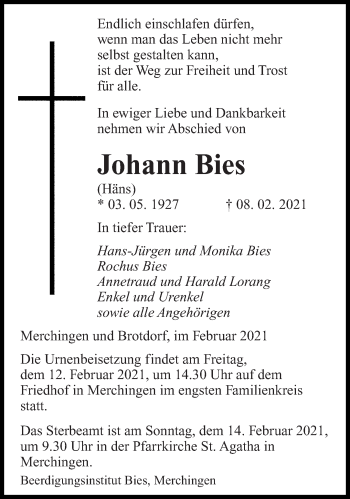 Traueranzeige von Johann Bies von Saarbrücker Zeitung
