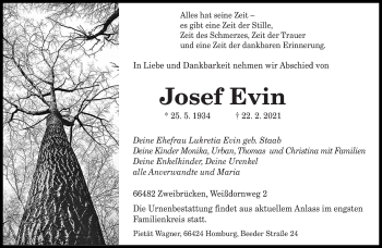 Traueranzeige von Josef Evin von saarbruecker_zeitung
