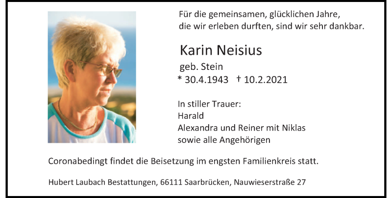  Traueranzeige für Karin Neisius vom 20.02.2021 aus saarbruecker_zeitung