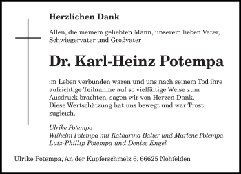 Traueranzeige von Karl-Heinz Potempa von saarbruecker_zeitung