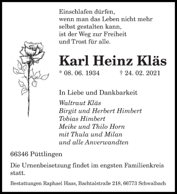 Traueranzeige von Karl Heinz Kläs von saarbruecker_zeitung