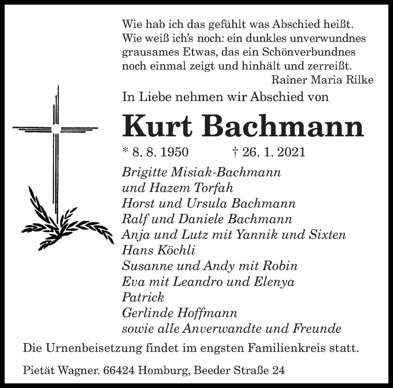  Traueranzeige für Kurt Bachmann vom 03.02.2021 aus saarbruecker_zeitung