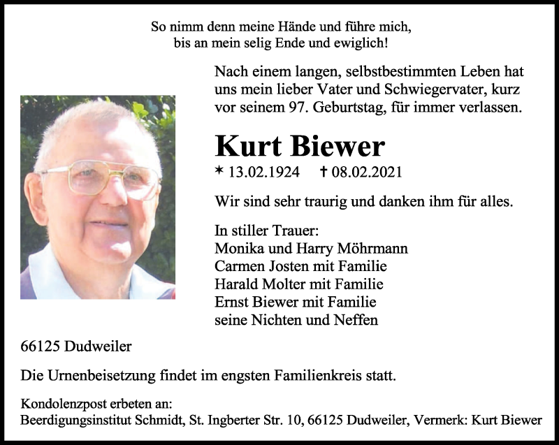  Traueranzeige für Kurt Biewer vom 20.02.2021 aus saarbruecker_zeitung
