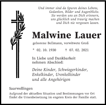 Traueranzeige von Malwine Lauer von saarbruecker_zeitung