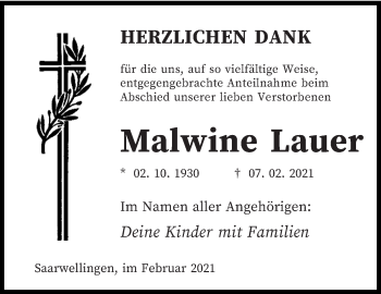 Traueranzeige von Malwine Lauer von saarbruecker_zeitung