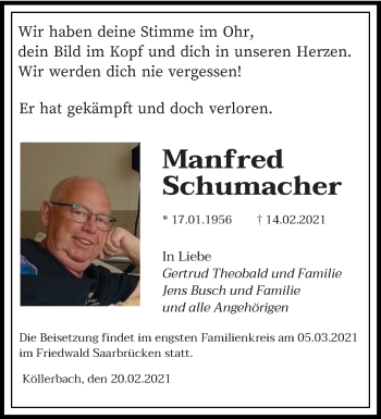 Traueranzeige von Manfred Schumacher von saarbruecker_zeitung