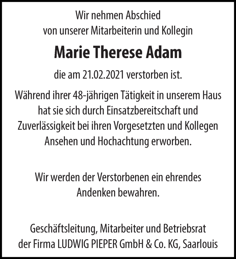  Traueranzeige für Marie Therese Adam vom 27.02.2021 aus saarbruecker_zeitung