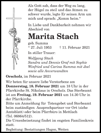Traueranzeige von Marita Stach von saarbruecker_zeitung