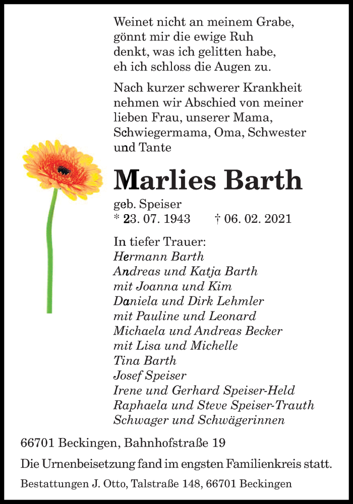  Traueranzeige für Marlies Barth vom 13.02.2021 aus saarbruecker_zeitung