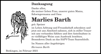 Traueranzeige von Marlies Barth von saarbruecker_zeitung
