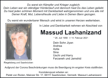 Traueranzeige von Massud Lashanizand von saarbruecker_zeitung