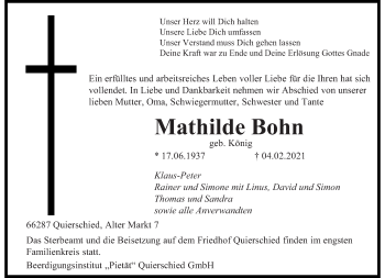Traueranzeige von Mathilde Bohn von Saarbrücker Zeitung