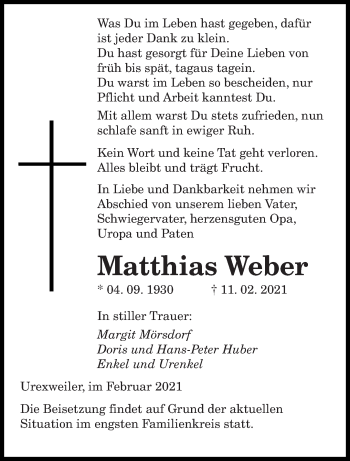 Traueranzeige von Matthias Weber von saarbruecker_zeitung