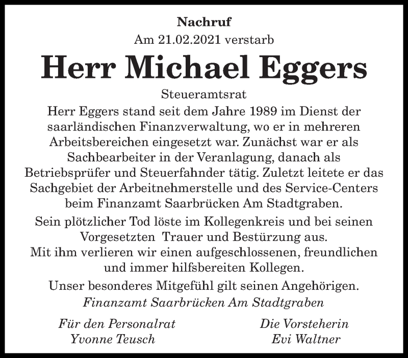  Traueranzeige für Michael Eggers vom 27.02.2021 aus saarbruecker_zeitung