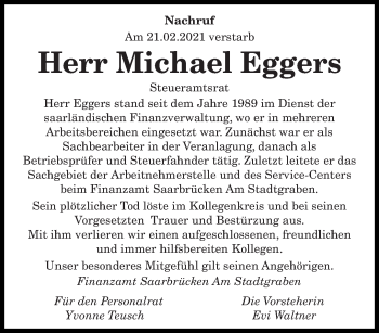 Traueranzeige von Michael Eggers von saarbruecker_zeitung