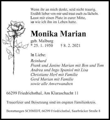 Traueranzeige von Monika Marian von saarbruecker_zeitung