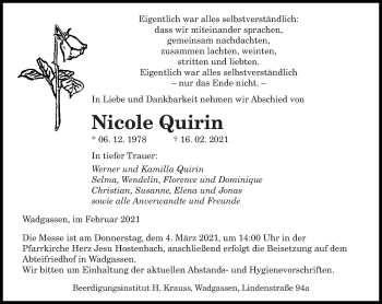 Traueranzeige von Nicole Quirin von saarbruecker_zeitung