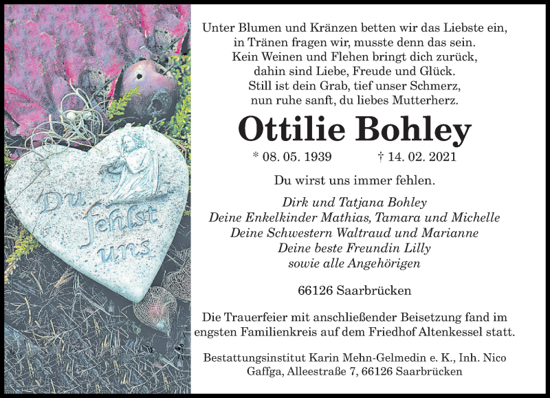  Traueranzeige für Ottilie Bohley vom 27.02.2021 aus saarbruecker_zeitung