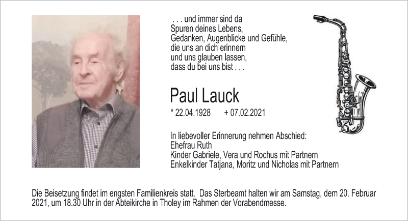  Traueranzeige für Paul Lauck vom 18.02.2021 aus saarbruecker_zeitung
