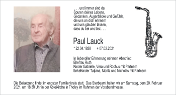 Traueranzeige von Paul Lauck von saarbruecker_zeitung