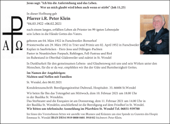 Traueranzeige von Peter Klein von saarbruecker_zeitung