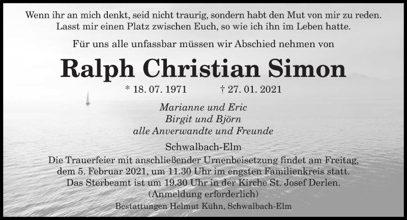  Traueranzeige für Ralph Christian Simon vom 03.02.2021 aus saarbruecker_zeitung