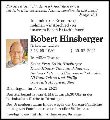 Traueranzeige von Robert Hinsberger von saarbruecker_zeitung