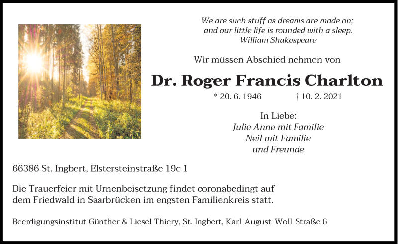  Traueranzeige für Roger Francis Charlton vom 20.02.2021 aus saarbruecker_zeitung