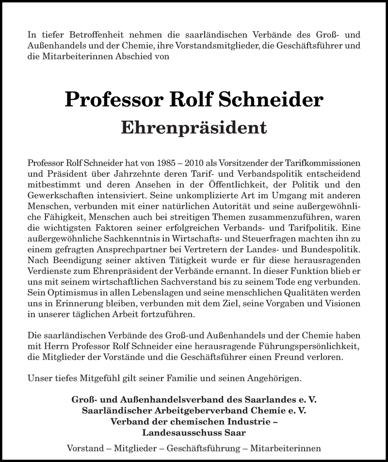  Traueranzeige für Rolf Schneider vom 06.02.2021 aus saarbruecker_zeitung