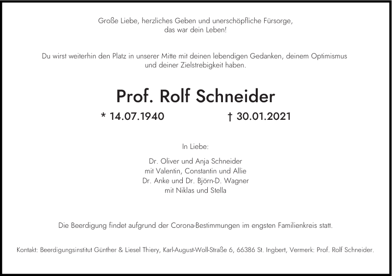  Traueranzeige für Rolf Schneider vom 06.02.2021 aus saarbruecker_zeitung