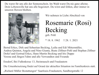 Traueranzeige von Rosemarie Becking von saarbruecker_zeitung