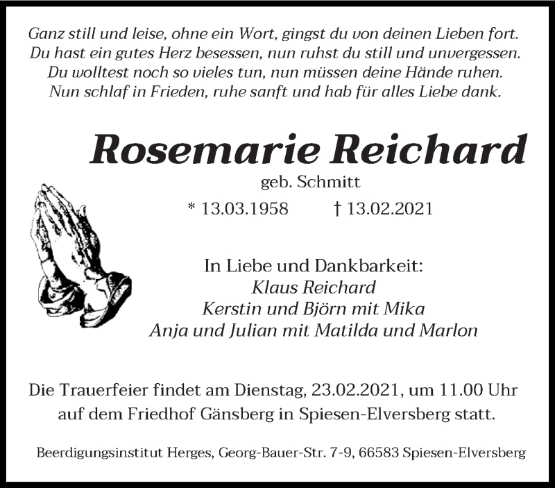  Traueranzeige für Rosemarie Reichard vom 17.02.2021 aus saarbruecker_zeitung